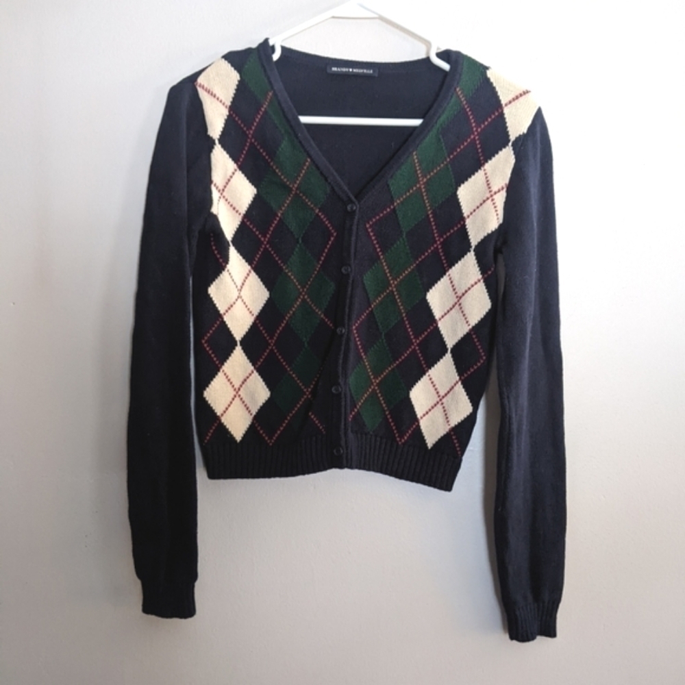 Brandy Melville Blue, Cream, Red and Green Argyle Cotton Elizabeth Cardigan Smal